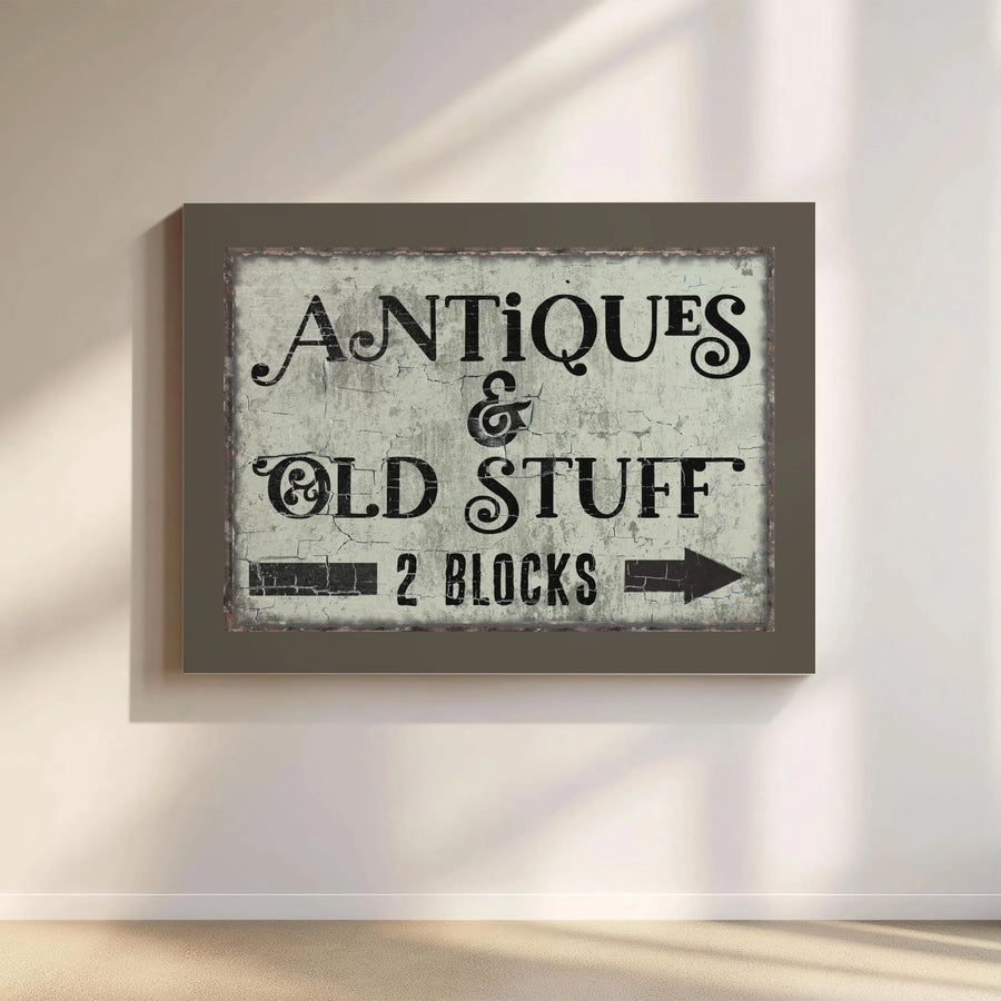 Antiques & Old Stuff Wall Art | Vintage Farmhouse Directional Sign | Gallery Wrapped Premium Canvas | Rustic Home Decor Gift