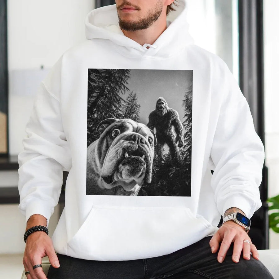 English Bulldog Hoodie | Bigfoot Selfie Graphic Print | Cotton Blend Streetwear | Funny Dog Lover Gift For Men And Women