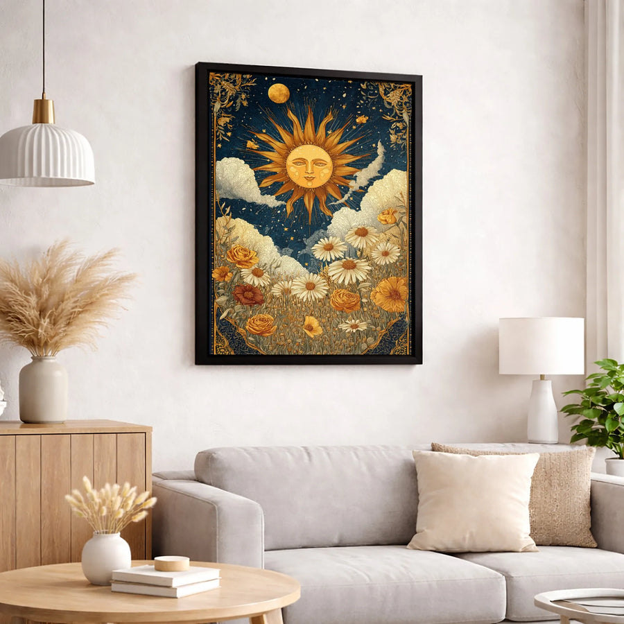 Celestial Sun and Moon Canvas Art | Art Nouveau Wildflower Wall Decor | Premium 1.25 Inch Gallery Wrap | Mystical Boho Home Gift for Her