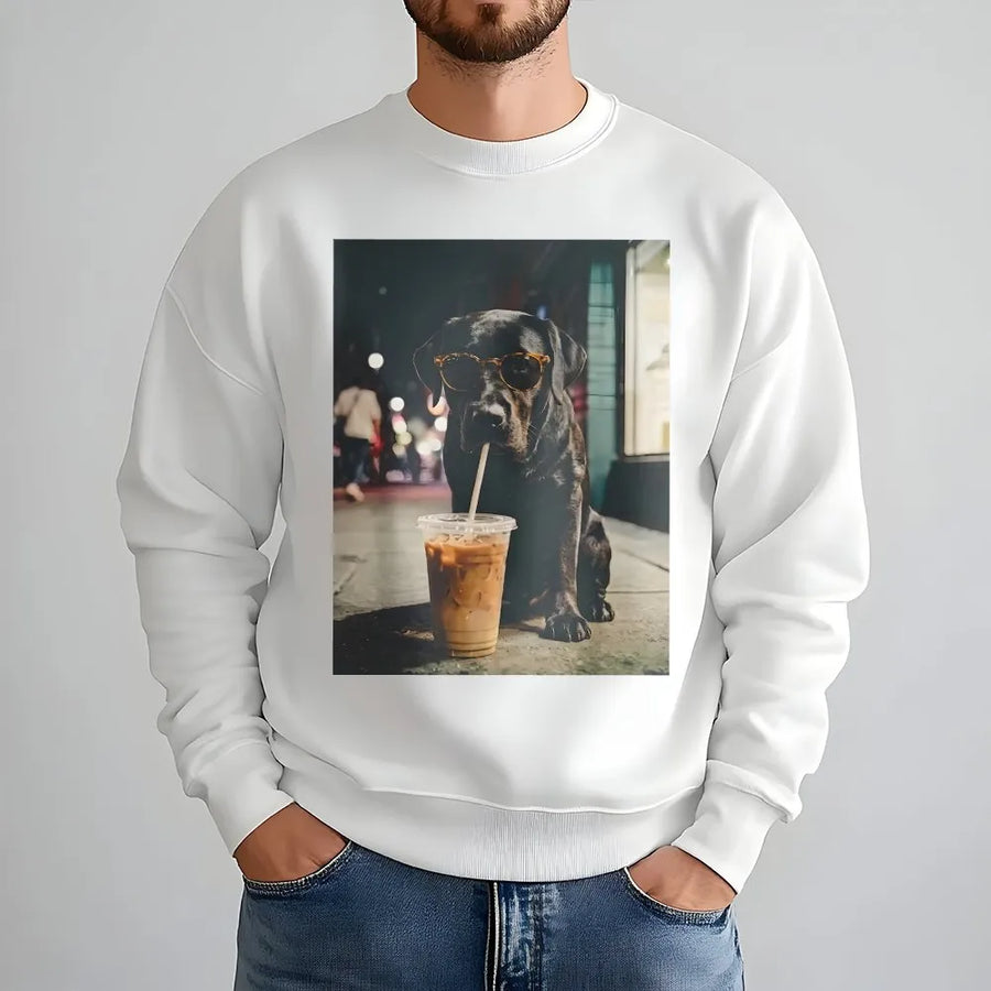 Cool Dog with Sunglasses Sweatshirt | Funny Labrador Drinking Iced Coffee | Premium Soft Cotton | Unisex Gift for Dog Lovers & Coffee Addicts