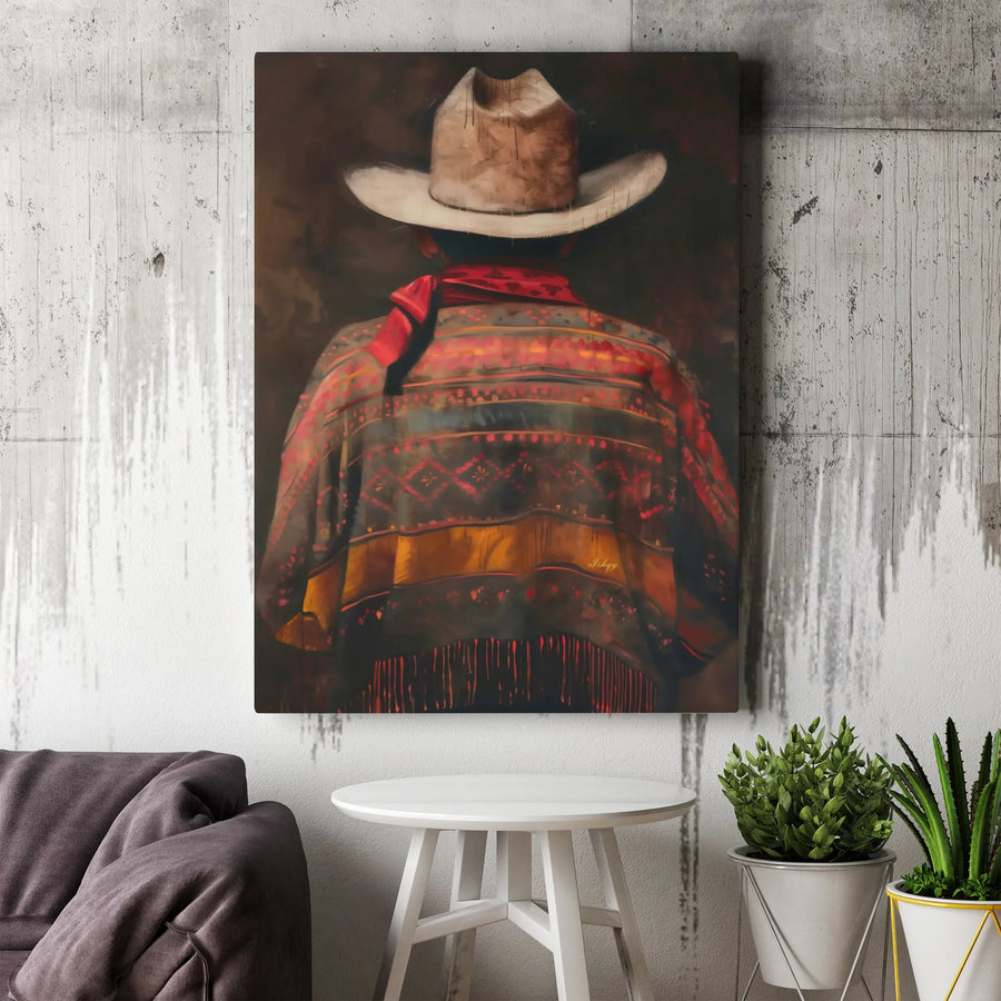 Western Cowboy Wall Art | Moody Southwestern Poncho Painting | Premium Gallery-Wrapped Canvas | Rustic Living Room Home Decor