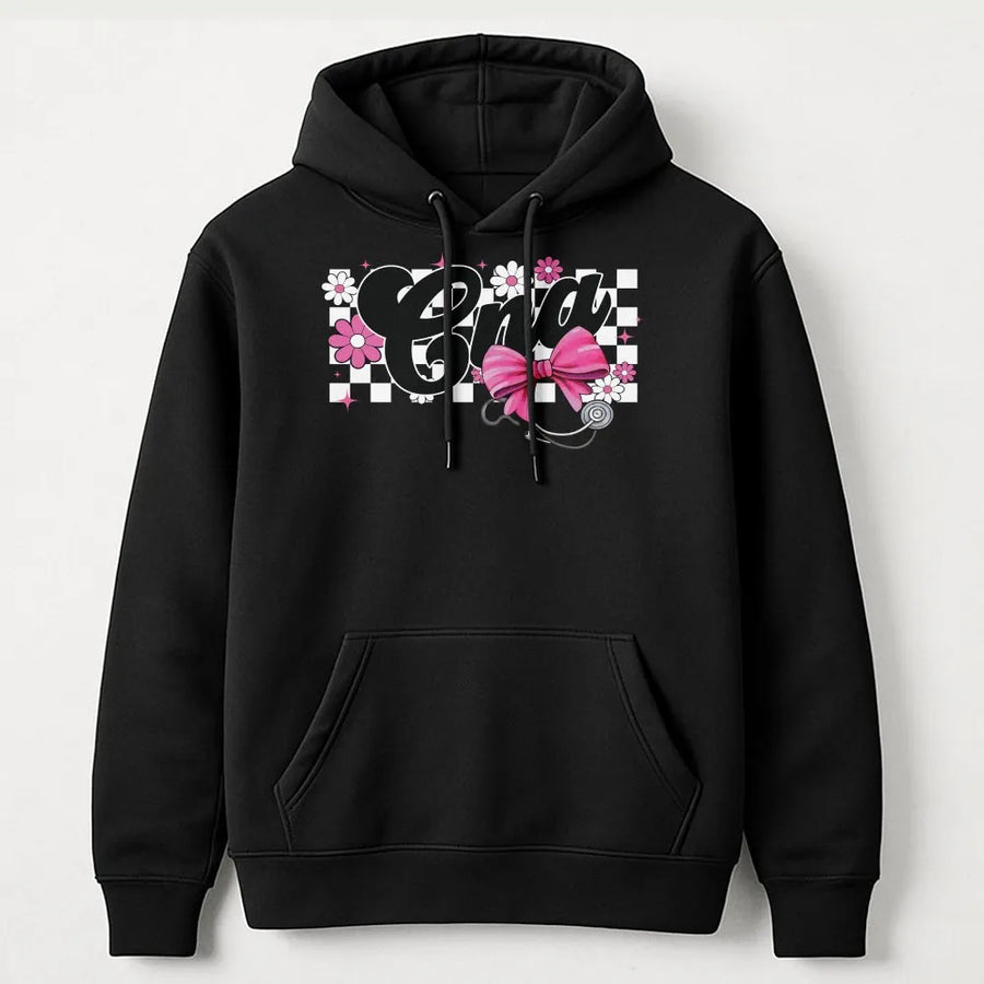 CNA Nurse Hoodie | Coquette Bow and Flower Checkered Design | Premium Cotton Blend | Gift for Nursing Assistant, Medical Student, Graduation