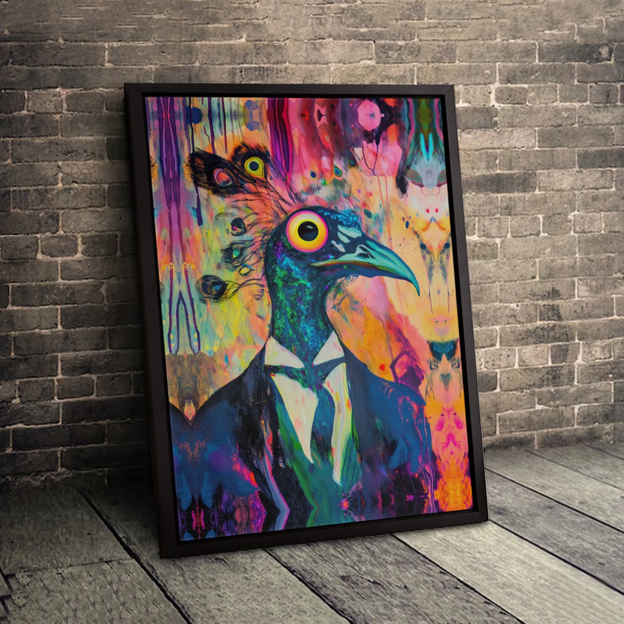 Psychedelic Peacock Wall Art | Quirky Bird in Suit Portrait | Premium Gallery-Wrapped Canvas | Eclectic Home Decor Gift