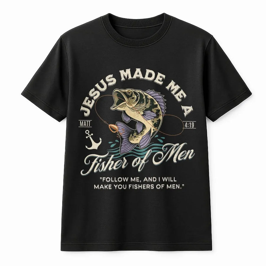 Fisher of Men T-Shirt | Bass Fishing Bible Verse Graphic | Premium Cotton Religious Apparel | Christian Fishing Gift for Men and Women