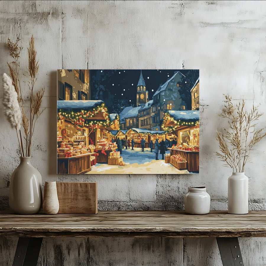 Christmas Market Canvas Print | European Winter Village Night Scene | Premium Gallery Wrap Wall Art | Festive Holiday Decor Gift
