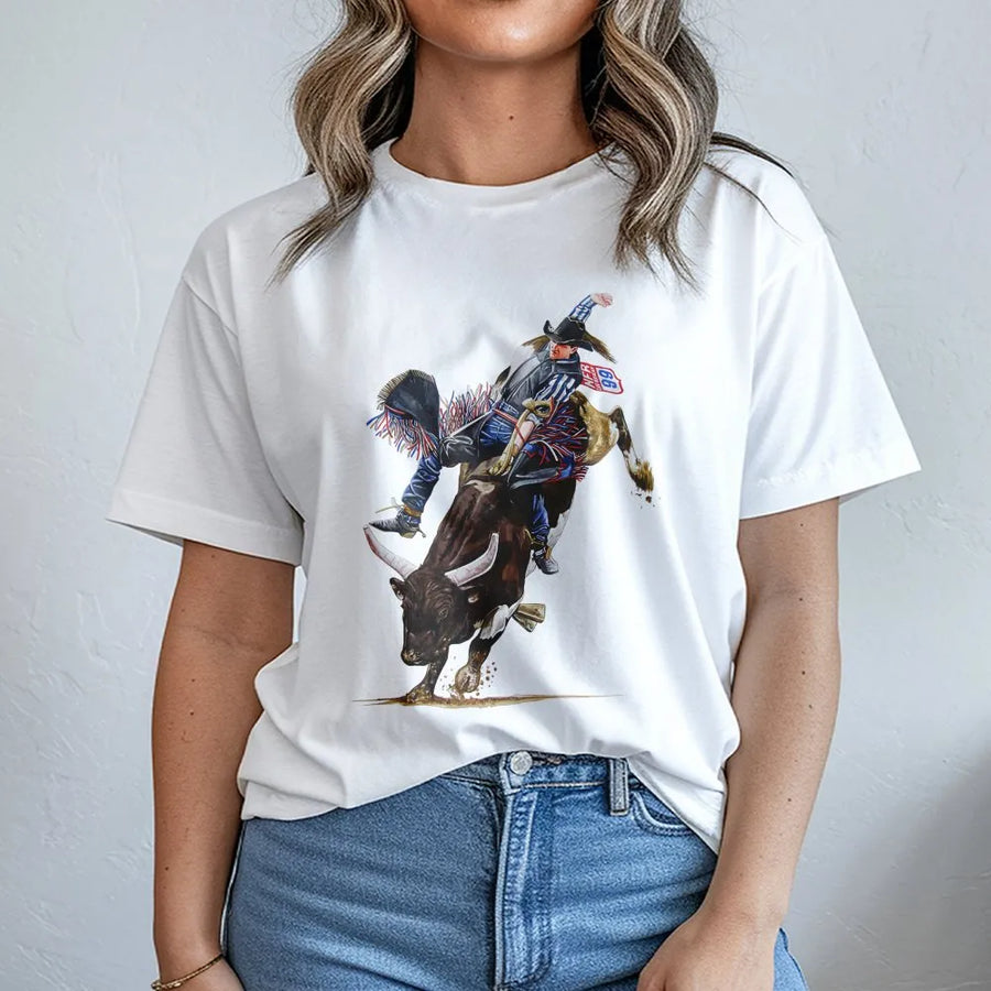 Rodeo Bull Riding T-Shirt | Western Cowboy Action Graphic | 100% Cotton Premium Tee | Country Western Gift For Men And Women