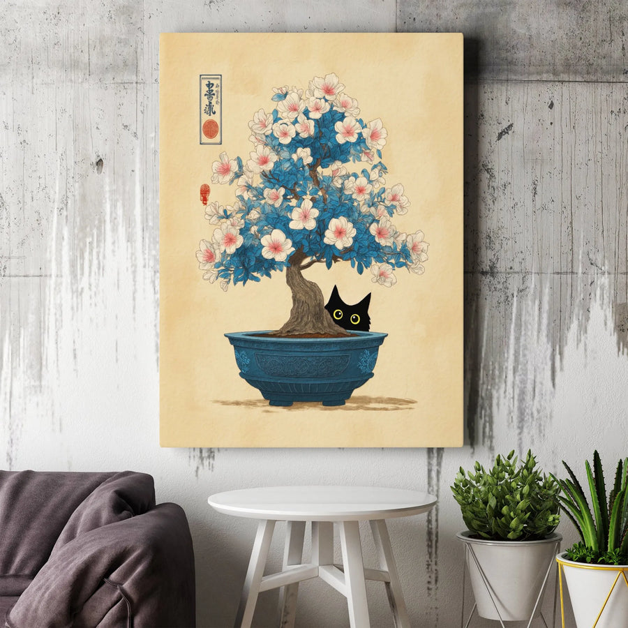 Black Cat Bonsai Tree Wall Art | Japanese Ukiyo-E Inspired Canvas | 1.25" Gallery Wrap Premium Print | Whimsical Home Decor Gift for Cat Lovers