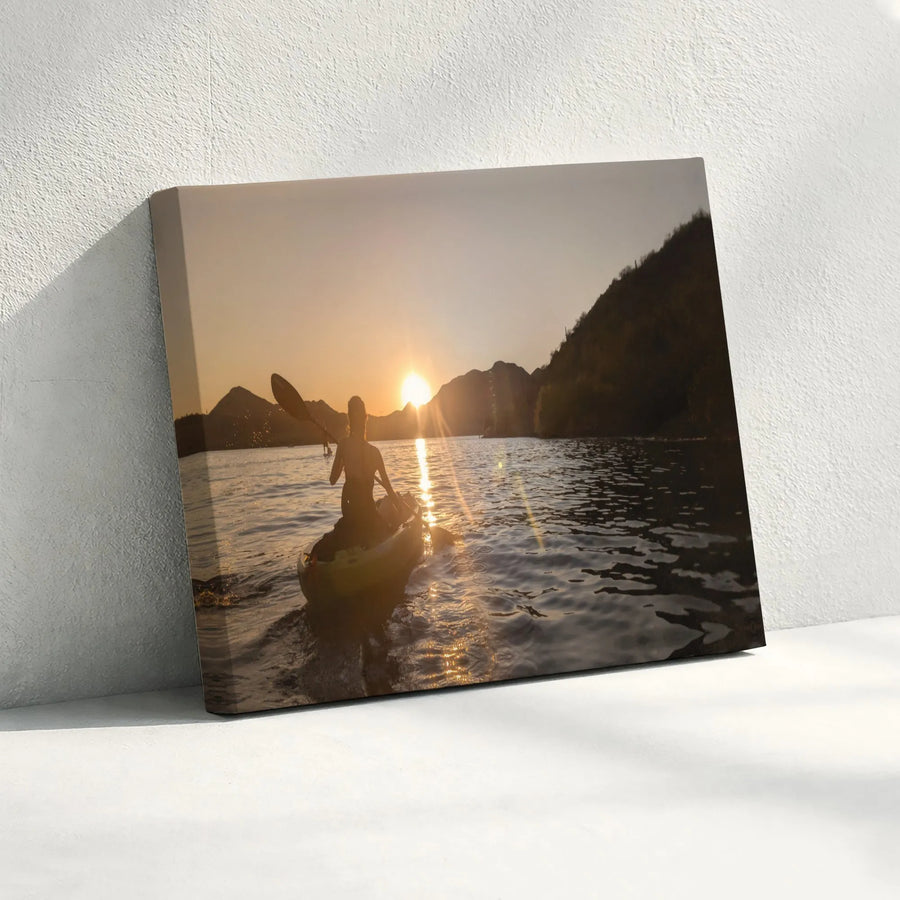 Kayaking Sunset Canvas Wall Art | Serene Lake Paddle Sport Decor | Gallery-Wrapped 1.25" Professional Print | Adventure Lover Nature Gift