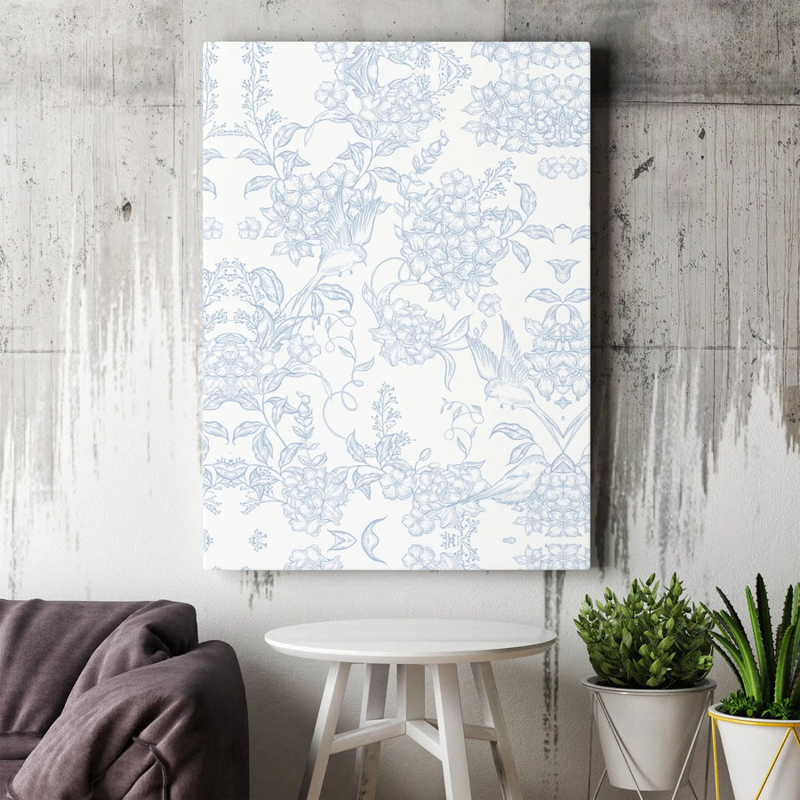 Vintage Floral Bird Canvas Wall Art | Blue Chinoiserie Toile Pattern | Premium Gallery Wrapped Canvas | Grandmillennial Home Decor Gift