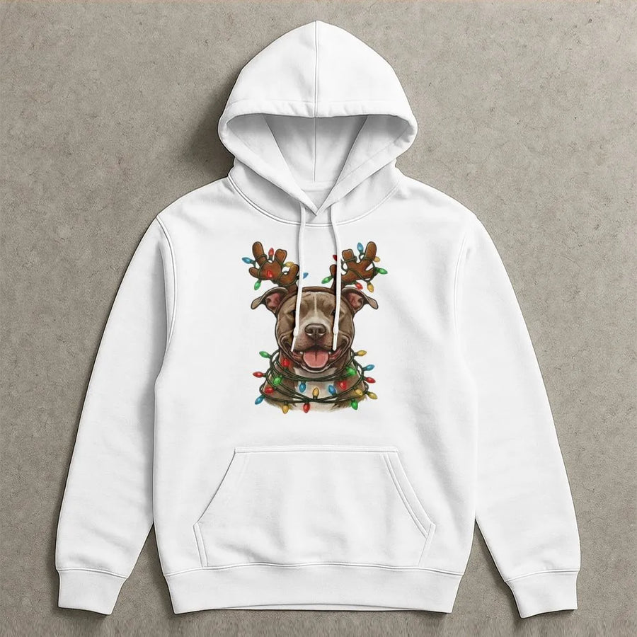 Pitbull Christmas Hoodie | Reindeer Antlers & Lights Graphic | Premium Cotton Blend | Funny Dog Mom Dad Holiday Gift