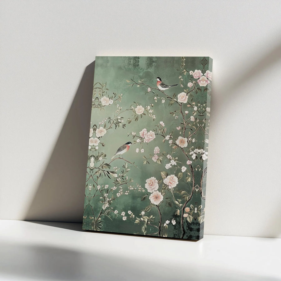 Chinoiserie Wall Art Canvas | Sage Green Floral Bird Print | Premium Gallery Wrap Decor | Nature Inspired Gift for Home Office