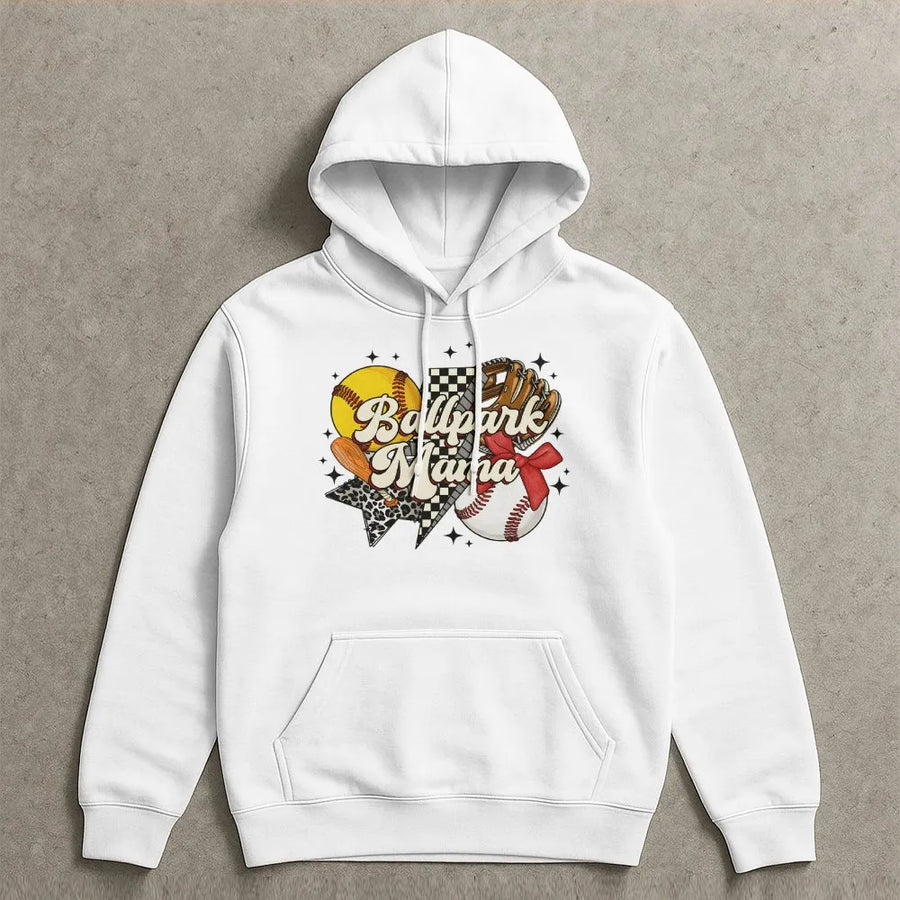 Ballpark Mama Hoodie | Baseball Softball Graphic Design | Premium Cotton-Blend Fleece | Game Day Gift for Baseball Mom