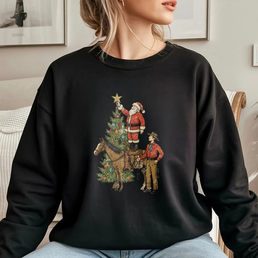 Western Cowboy Christmas Sweatshirt | Santa And Horse Graphic | Premium Cotton Blend | Funny Holiday Gift For Women And Men