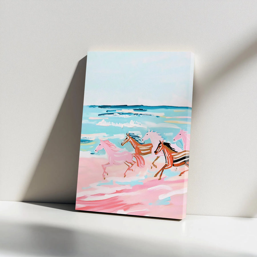 Abstract Horse Canvas Wall Art | Pink Beach Equestrian Painting | Premium Gallery Wrap Print | Modern Coastal Decor for Bedroom or Living Room