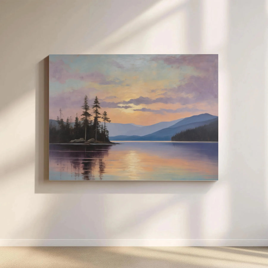 Serene Lake Sunset Canvas Wall Art | Impressionistic Mountain and Forest Painting | Premium Gallery Wrapped Print | Living Room Decor Gift