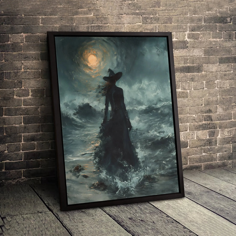 Gothic Witch Canvas Wall Art | Moody Stormy Sea Oil Painting Style | Premium Gallery Wrap | Dark Academia Home Decor Gift