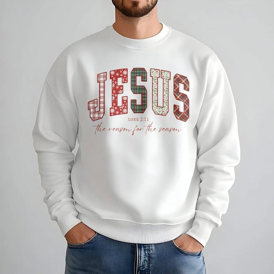 Jesus The Reason For The Season Sweatshirt | Plaid Pattern Religious Christmas Graphic | Cotton-Blend Premium Apparel | Christian Holiday Faith Gift