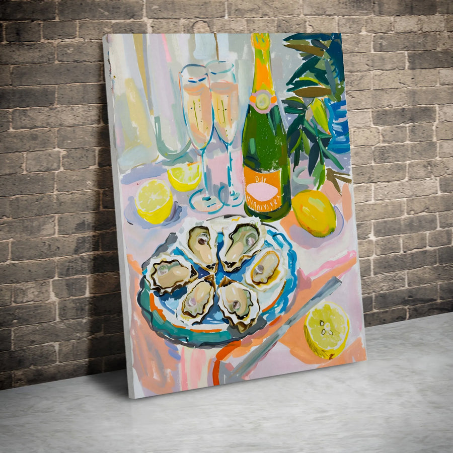 Oysters and Champagne Canvas Art | Coastal Kitchen Still Life | Premium Fade-Resistant Gallery Wrap | Modern Dining Room Decor Gift