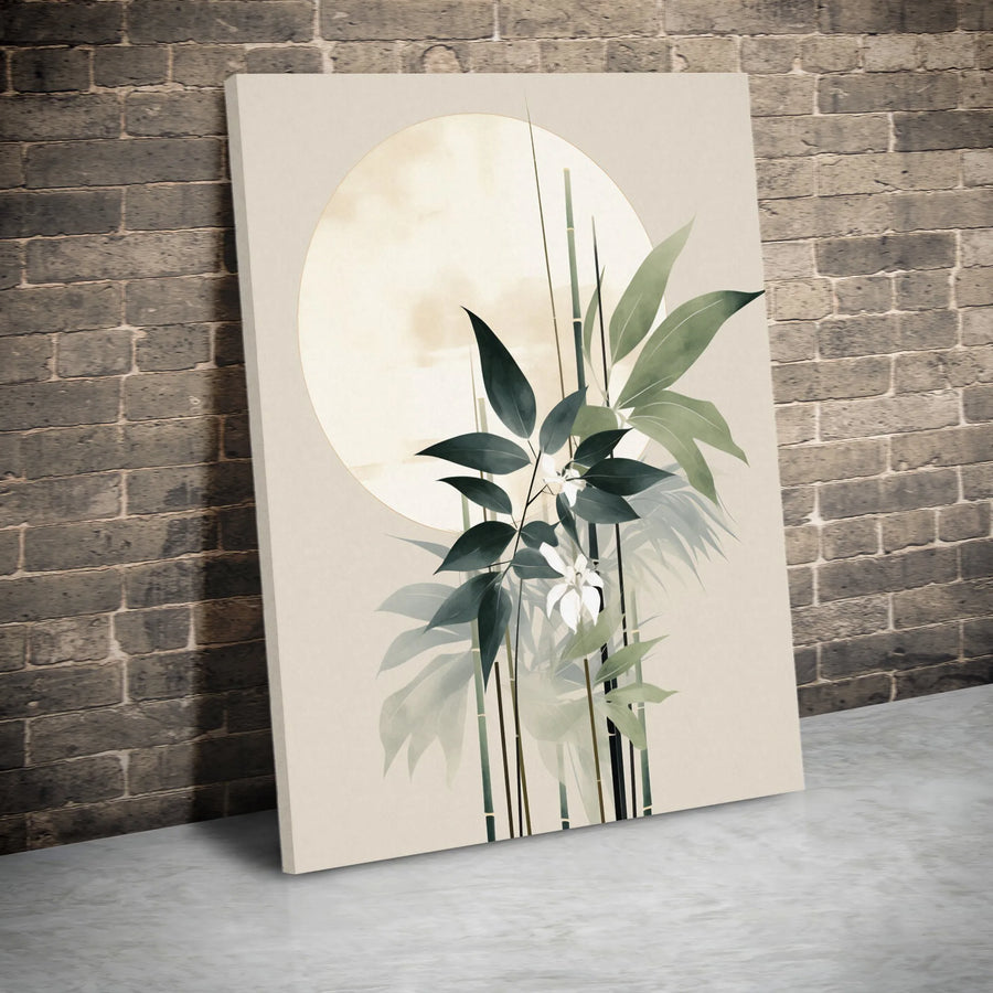 Japandi Wall Art | Bamboo Leaves and Full Moon Print | Gallery Quality 1.25-Inch Canvas | Modern Minimalist Home Decor Gift