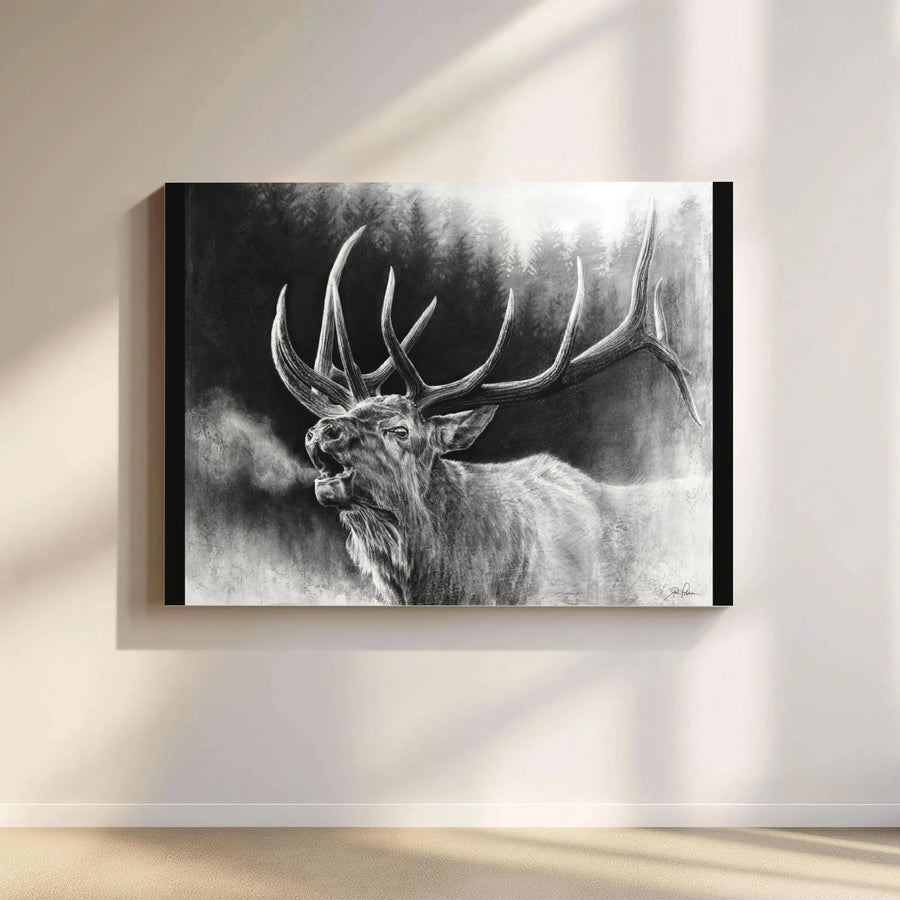 Bugling Bull Elk Canvas Wall Art | Charcoal Forest Wildlife Sketch | Premium 1.25-Inch Gallery Wrap | Rustic Mountain Cabin Decor Gift