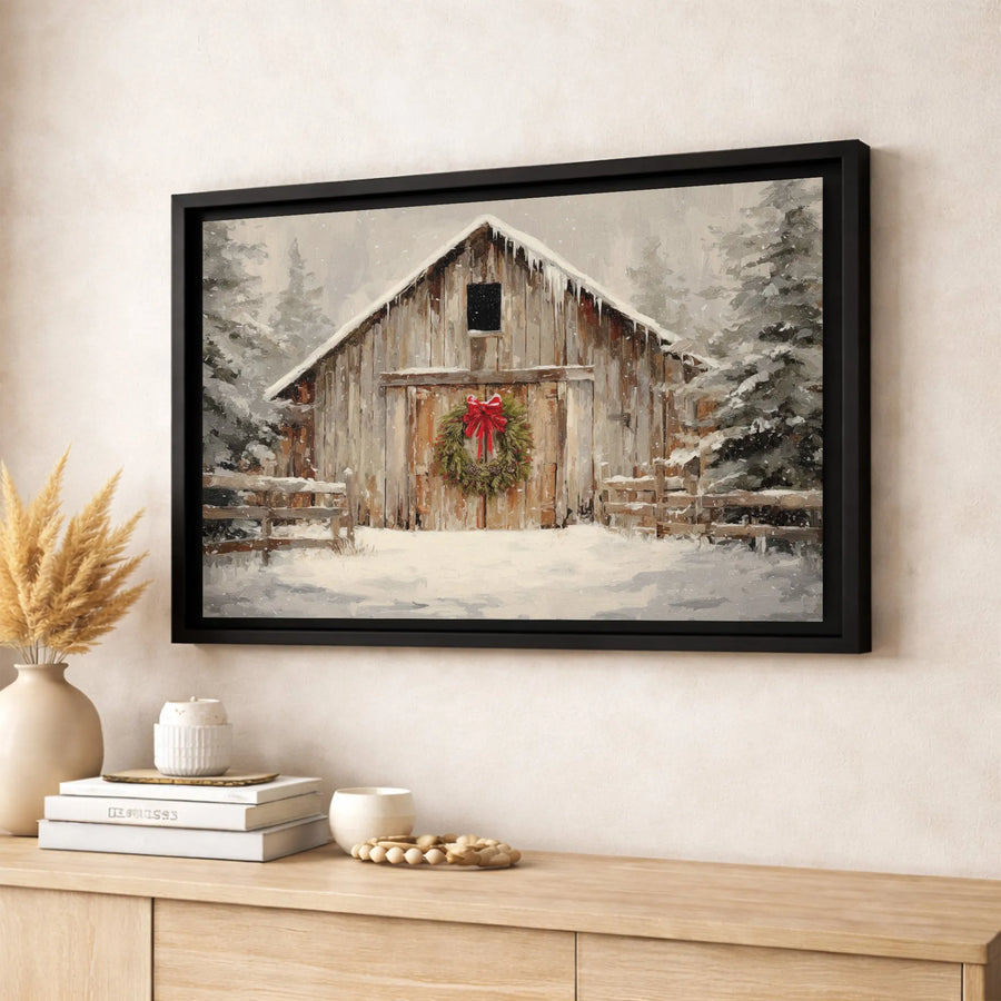 Rustic Winter Barn Canvas Wall Art | Snowy Farmhouse Christmas Wreath Print | Premium 1.25" Gallery Wrap | Seasonal Holiday Home Decor Gift