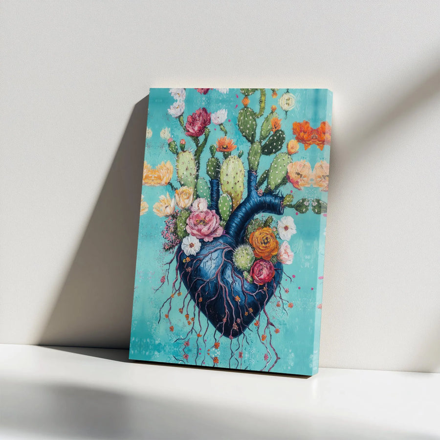 Anatomical Heart Canvas Wall Art | Blooming Cactus Floral Illustration | Premium Gallery Wrap Print | Modern Botanical Home Decor Gift