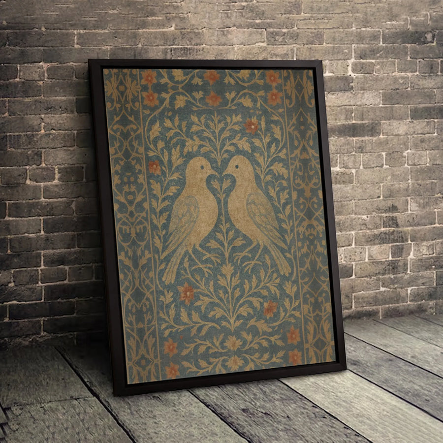 William Morris Style Bird Canvas Wall Art | Symmetrical Floral Botanical Print | Premium Fade-Resistant Gallery Wrap | Home Decor Gift for Nature Lovers