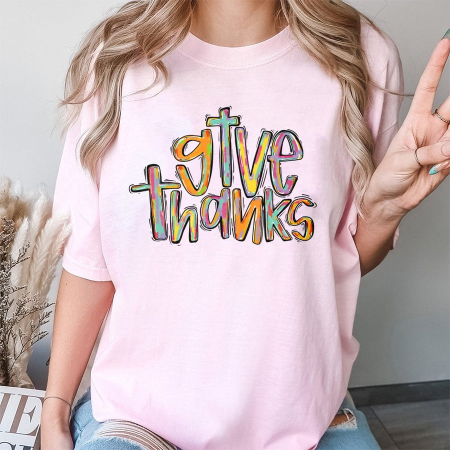 Give Thanks Cross T-Shirt | Colorful Brushstroke Faith Graphic | 100% Cotton Premium Tee | Christian Religious Gift for Women and Men
