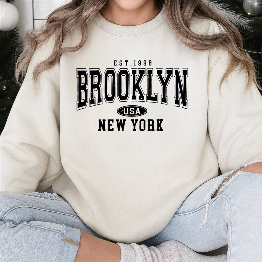 Brooklyn New York Sweatshirt | Retro Varsity Est 1998 Graphic | Unisex Premium Cotton Blend | Casual City Travel Gift For Men And Women