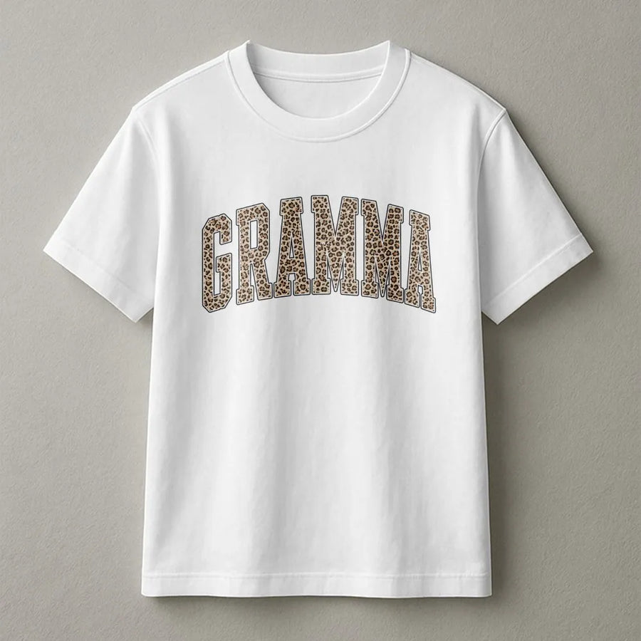 Gramma T-Shirt | Leopard Print Varsity Letters | Cozy Cotton Blend | Gift for New Grandma on Mother's Day
