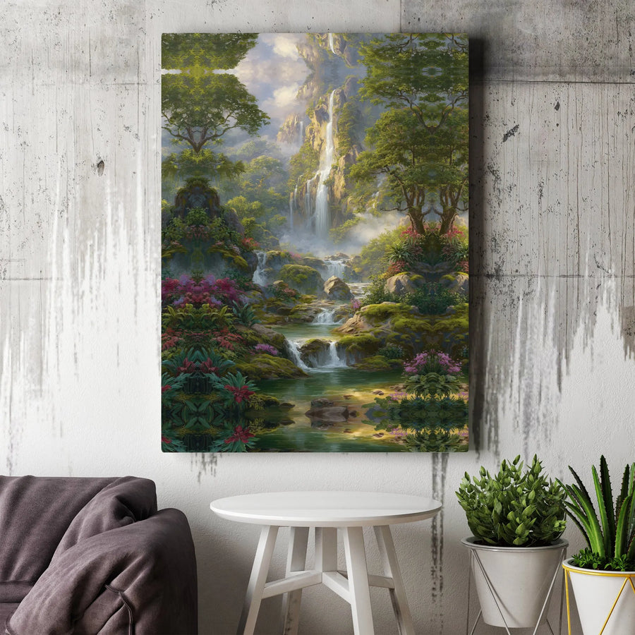 Enchanted Forest Waterfall Wall Art | Vibrant Tropical Landscape Print | Premium Canvas | Serene Nature Art for Living Room Decor