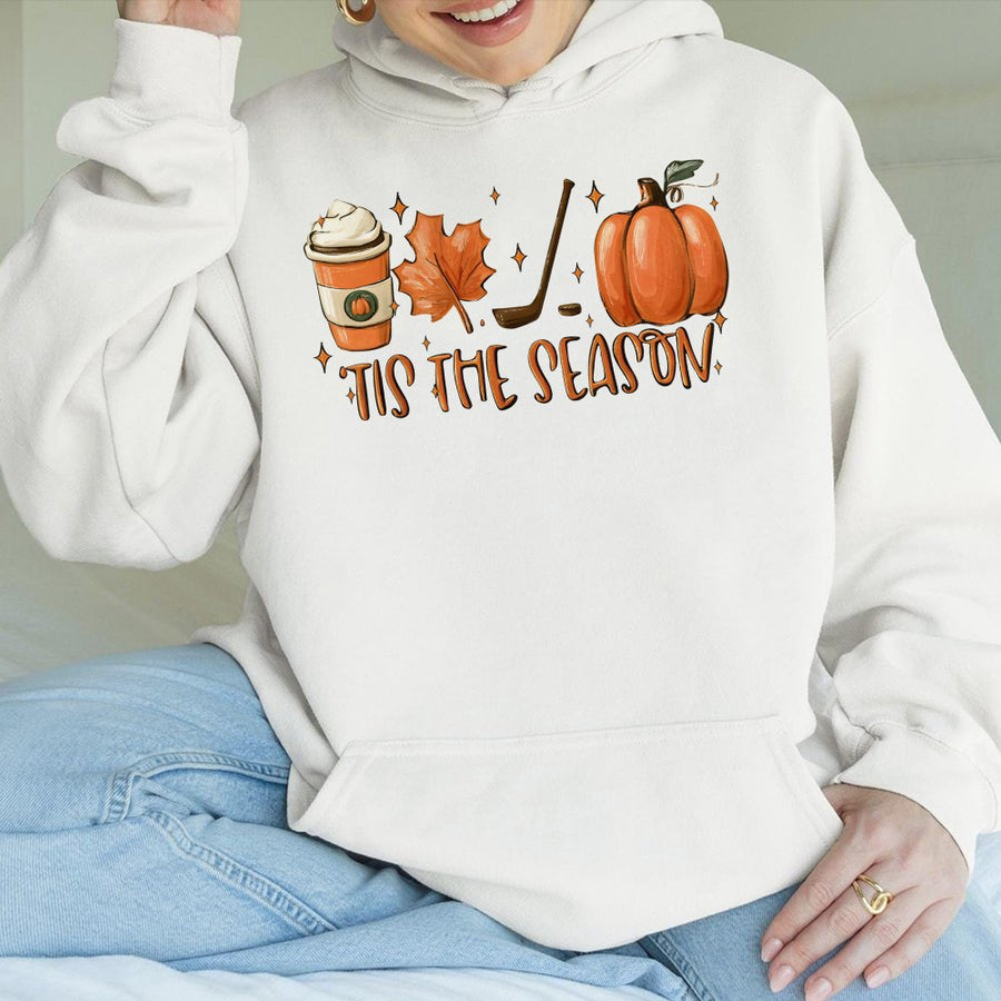 Hockey Mom Hoodie | Tis The Season Fall Pumpkin Graphic | Premium Cotton Blend | Cozy Gift For Hockey Players And Fans