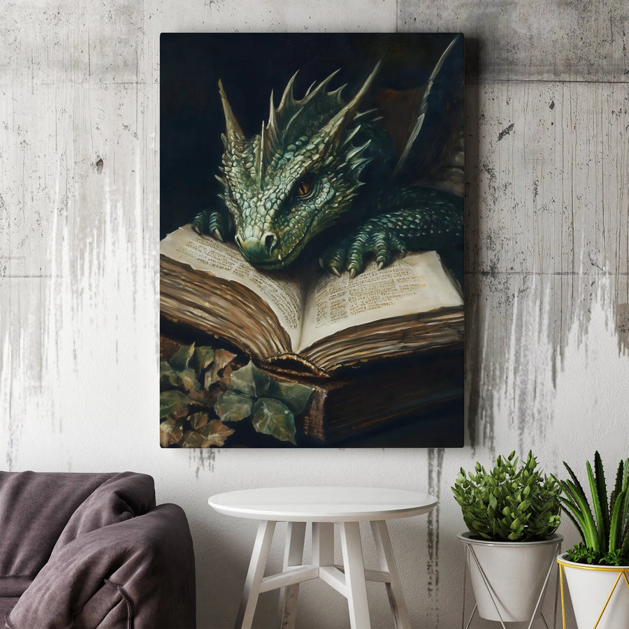 Green Dragon Reading Book Canvas | Enchanted Forest Fantasy Wall Art | Gallery Wrapped Premium Decor | Gift For Book Lovers And Gamers
