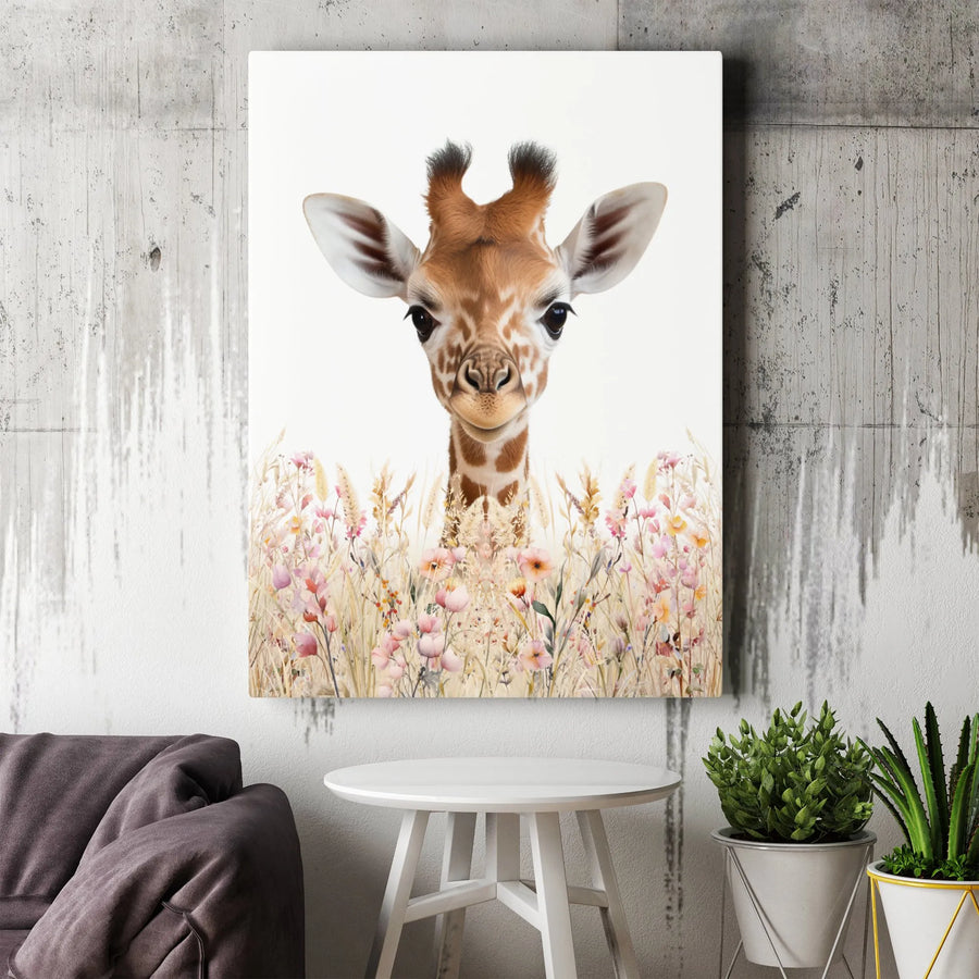Baby Giraffe Canvas Wall Art | Wildflower Meadow Portrait | Premium Gallery Wrapped Decor | Nursery Gift for Safari Animal Lovers