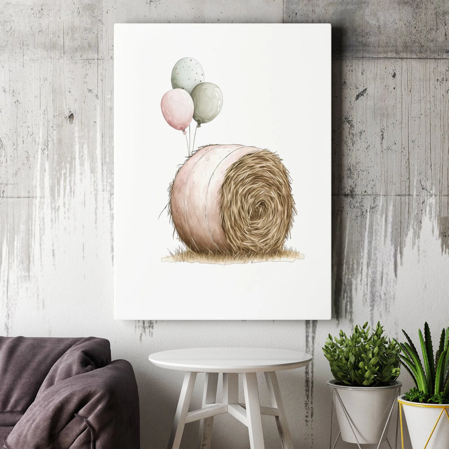 Watercolor Hay Bale Wall Art | Whimsical Farmhouse Nursery Decor | Premium Fade-Resistant Canvas | Charming Gift for Country Home