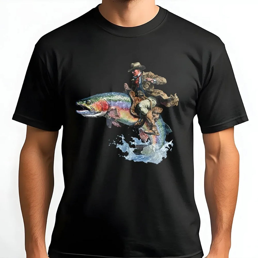 Cowboy Riding Fish T-Shirt | Funny Western Trout Fishing Graphic Tee | Soft Cotton Unisex Top | Unique Gift for Angler
