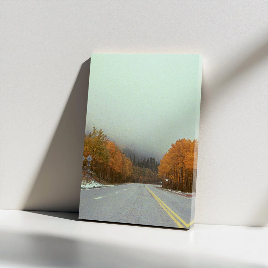 Autumn Forest Road Canvas | Foggy Golden Trees Landscape | 1.25 Inch Gallery Wrap | Fall Home Decor Wall Art