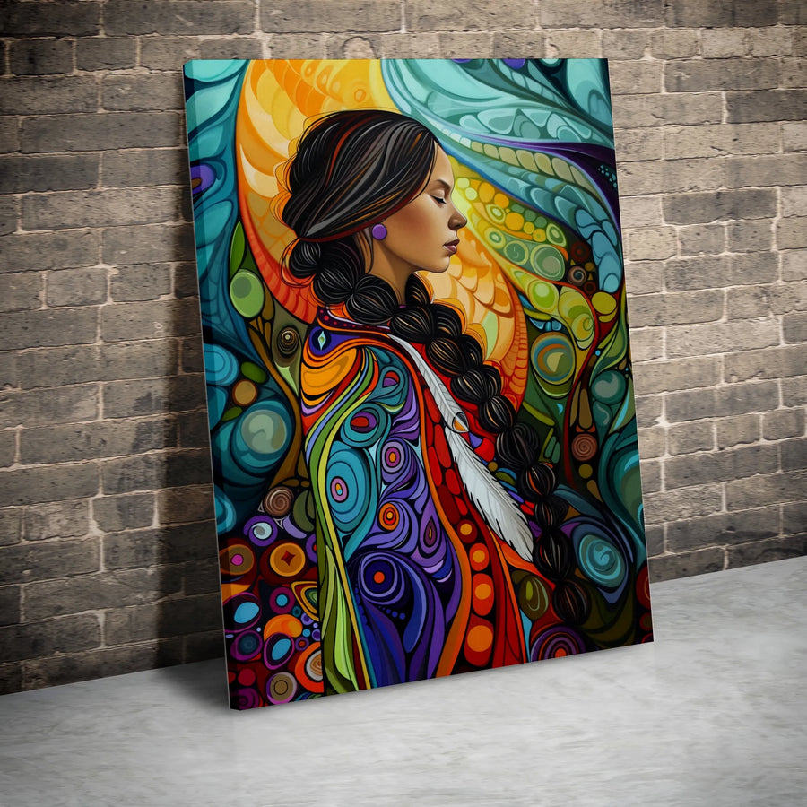 Indigenous Woman Canvas Art | Vibrant Abstract Portrait with Feather | Thick Gallery Wrapped Canvas | Modern Spiritual Home Decor Gift