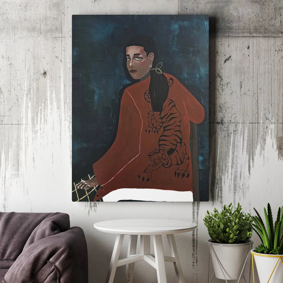 Modern Woman Portrait Canvas | Figurative Art with Tiger Graphic | Premium Gallery Wrap Wall Art | Collector's Gift for Contemporary Home Decor