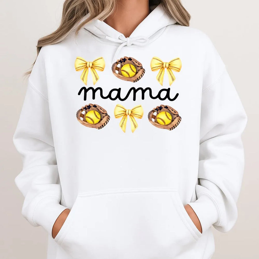 Softball Mama Hoodie | Coquette Bow and Glove Print | Cotton-Polyester Premium Blend | Cute Game Day Gift for Baseball and Softball Mom