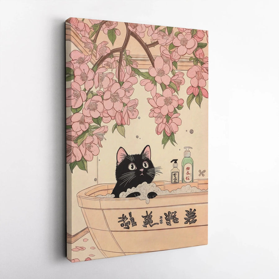 Black Cat Bathing Canvas Print | Japanese Ukiyo-e Cherry Blossom Wall Art | Premium Gallery Wrapped Decor | Whimsical Zen Home Gift