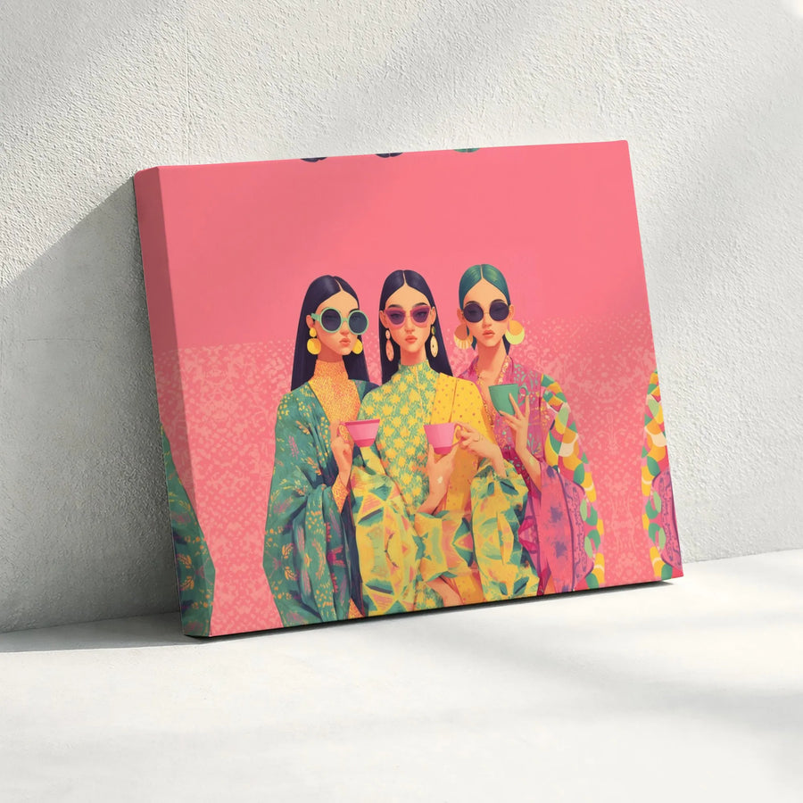 Fashionable Women Wall Art | Stylish Traditional Attire Trio with Sunglasses | Premium Gallery-Wrapped Canvas Print | Modern Home Decor Gift