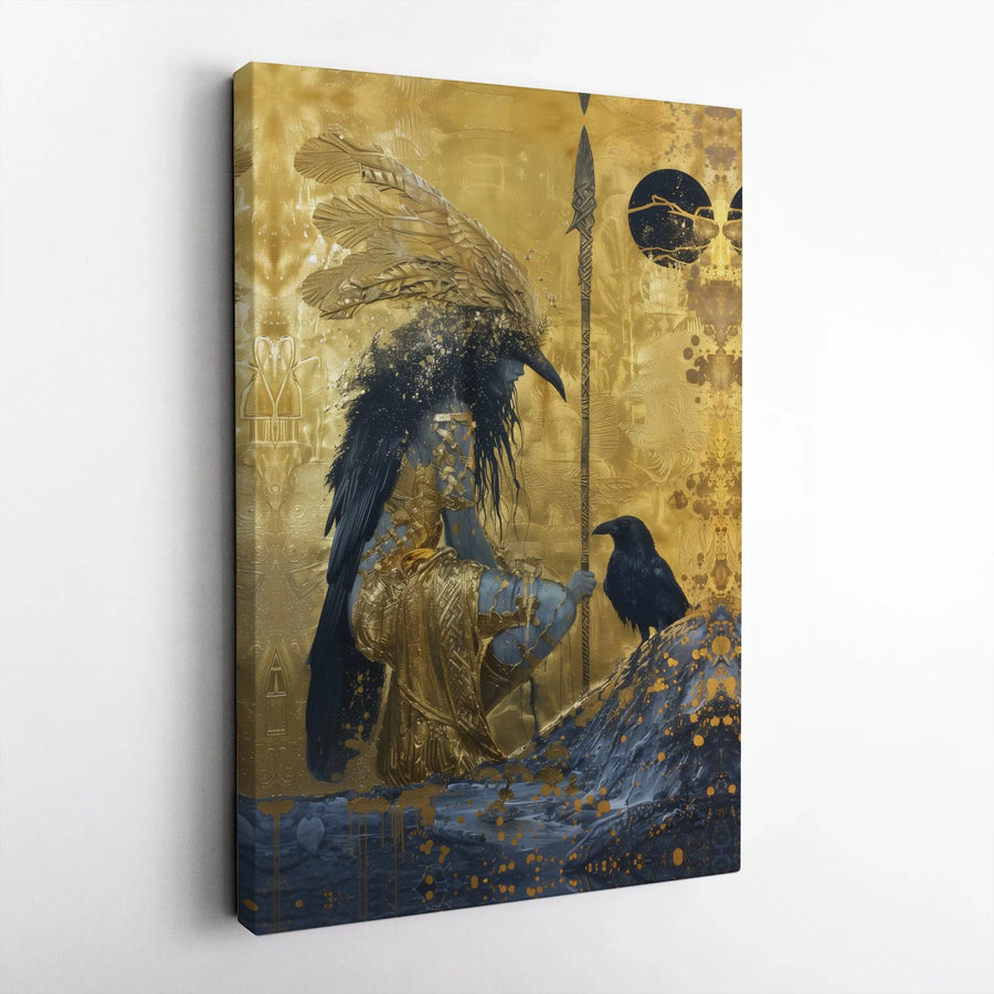 Golden Raven Warrior Canvas Wall Art | Mythological Fantasy God with Spear | Premium Gallery Wrap Decor | Ready-to-Hang Gift for Fantasy Lovers