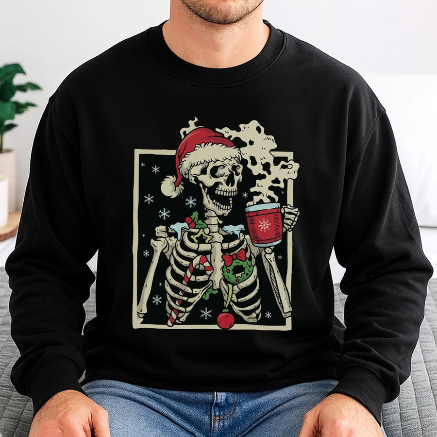 Christmas Skeleton Sweatshirt | Funny Dead Inside Coffee Graphic | Premium Cotton Blend Crewneck | Holiday Gift For Coffee Lovers