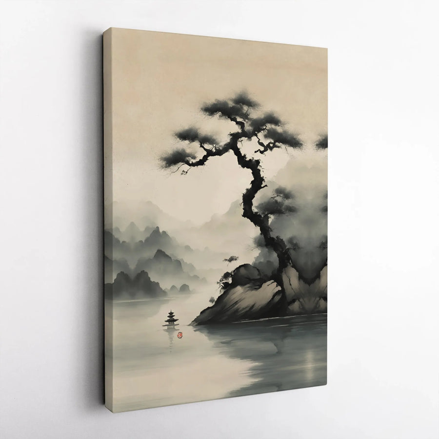 Japanese Ink Wash Painting Canvas | Minimalist Pine Tree & Pagoda Art | Premium Gallery-Wrapped Print | Zen Home Decor Wall Art