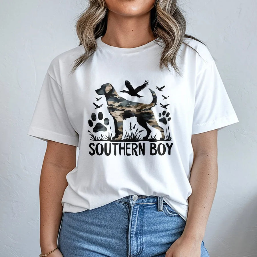 Southern Boy Dog Hunting T-Shirt | Camo Retriever Graphic | 100% Cotton Premium Tee | Gift for Hunter & Outdoorsman
