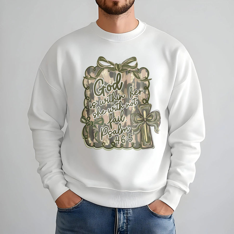 God Is Within Her Sweatshirt | Psalm 46:5 Bible Verse Graphic | Premium Cotton Blend Crewneck | Christian Gift for Women Religious Apparel