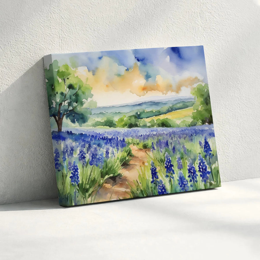 Texas Bluebonnet Field Canvas Wall Art | Watercolor Landscape Painting | Premium Gallery Wrapped Print | Rustic Farmhouse Decor Gift