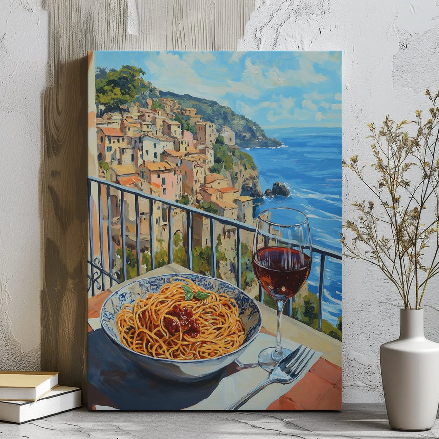 Italian Coastal Village Canvas Print | Spaghetti and Wine View | Premium Gallery Wrap Wall Art | Kitchen Decor Gift for Food Lovers