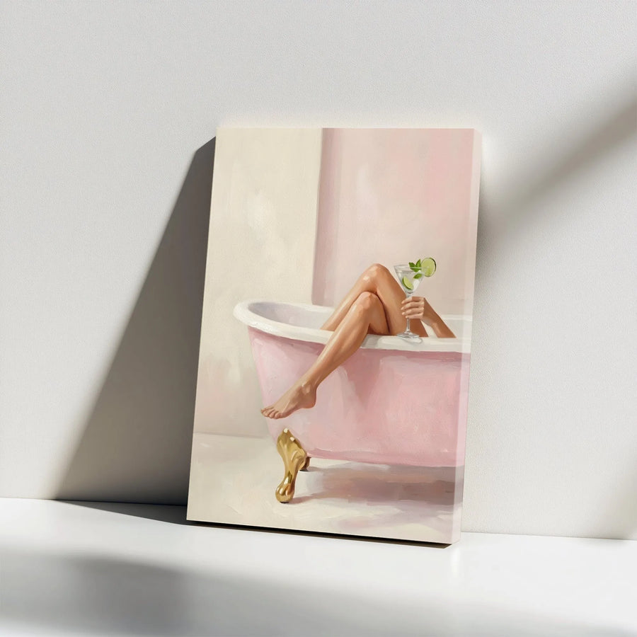 Chic Bathroom Wall Art Canvas | Woman in Pink Bathtub with Cocktail Print | Premium Gallery Wrap | Modern Spa & Vanity Decor Gift for Women